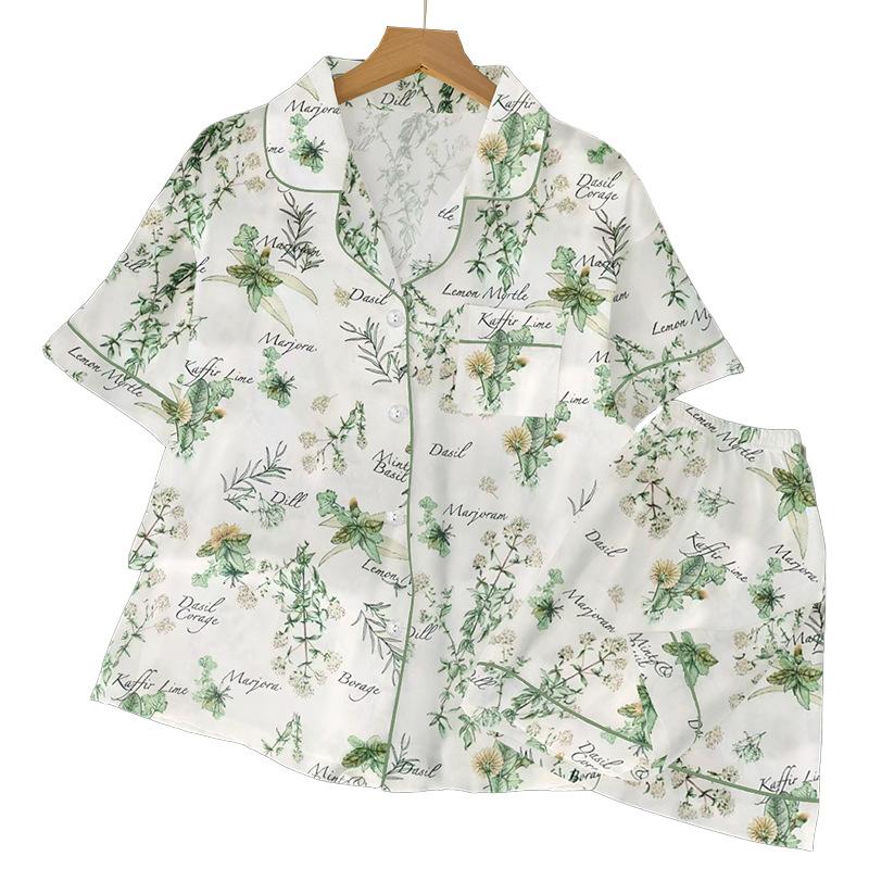 Small Fresh Flower Letter Ice Silk Pajamas Women'S Summer High-End Short-Sleeved Loungewear
