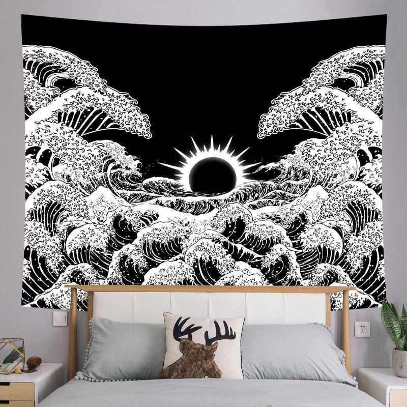 UFO Alien Abduction Black White Wall Tapestry Flying Saucer Beam Mountain Cloud Retro Sci Fi Space Extraterrestrial Decor