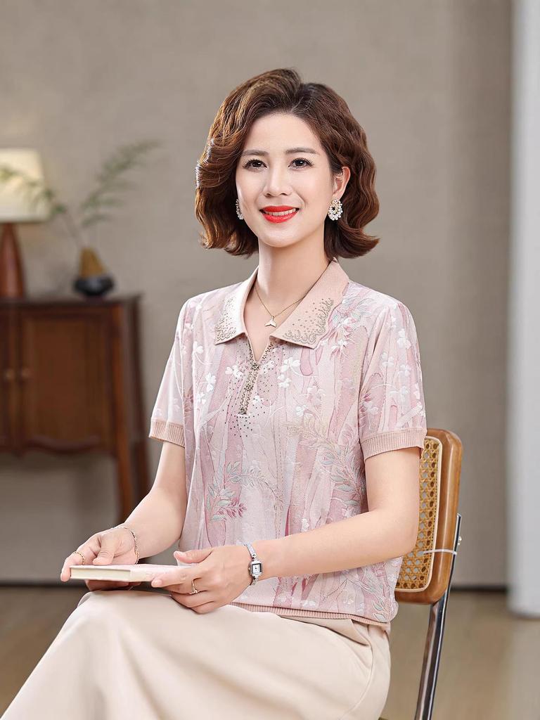 2026 Spring/Summer Ice Silk T-Shirt for Middle-Aged & Elderly Women - Stylish, Lightweight, and Comfortable