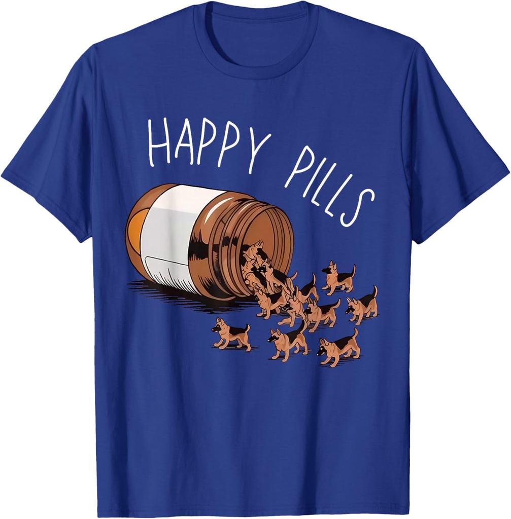 Happy Pills German Shepherd Dog Lovers Graphic Print TShirt Casual Wear Cotton Tee