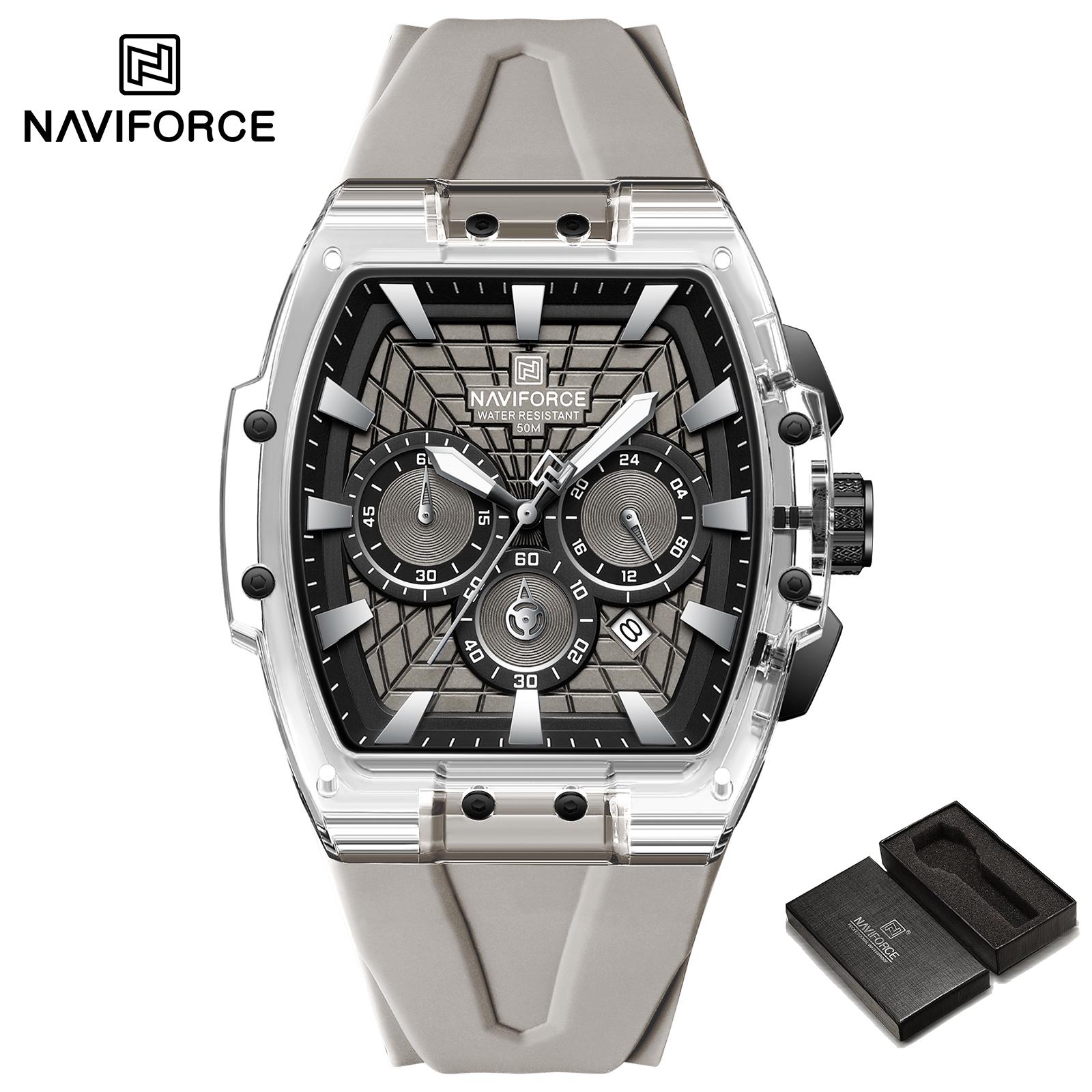 

Оригинальные мужские спортивные часы-хронограф NAVIFORCE Кварцевый механизм Силиконовый ремешок Водонепроницаемость 50 м Люминесцентная стрелка Легкие мужские повседневные часы NF6113 серый/серебряный