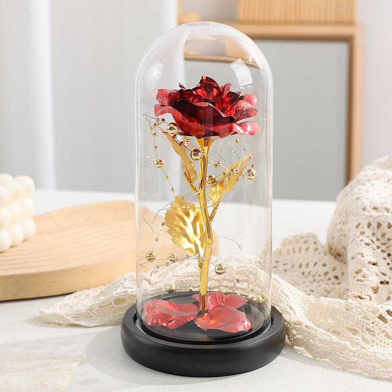 Ornamento de Luz Cúpula de Vidro Flor Rosa Folha de Ouro Feito à Mão - Caixa de Presente Dia dos Namorados
