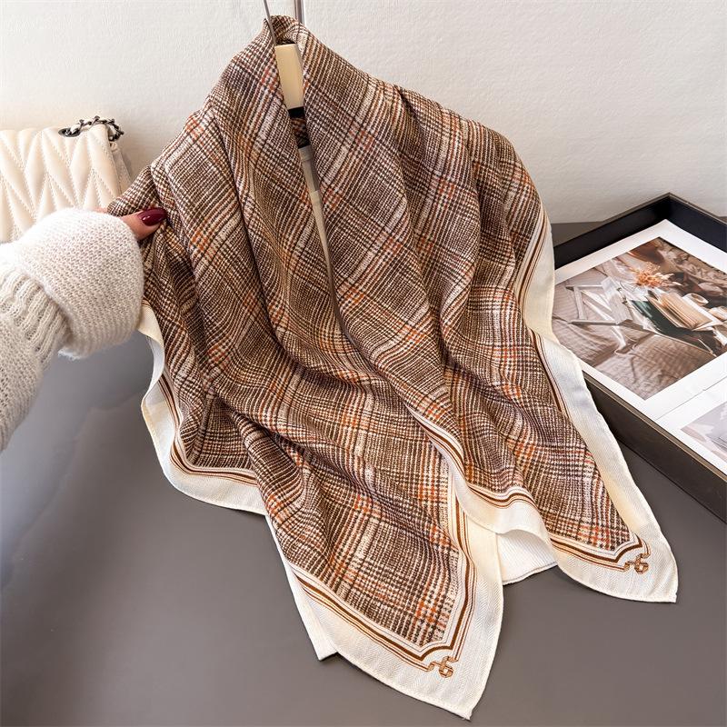 British retro plaid imitation silk large square scarf printed commuter shawl neck silk scarf herringbone women's scarf headscarf