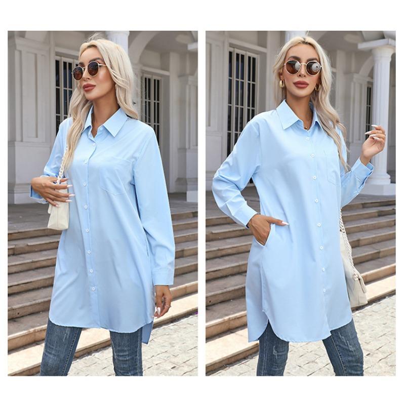 Fashion Long Sleeved Office Women Long Shirt Spring Autumn Loose Elegant Casual Basic Blouses Solid Color Lapel Streetwear Simple Tops Clothing
