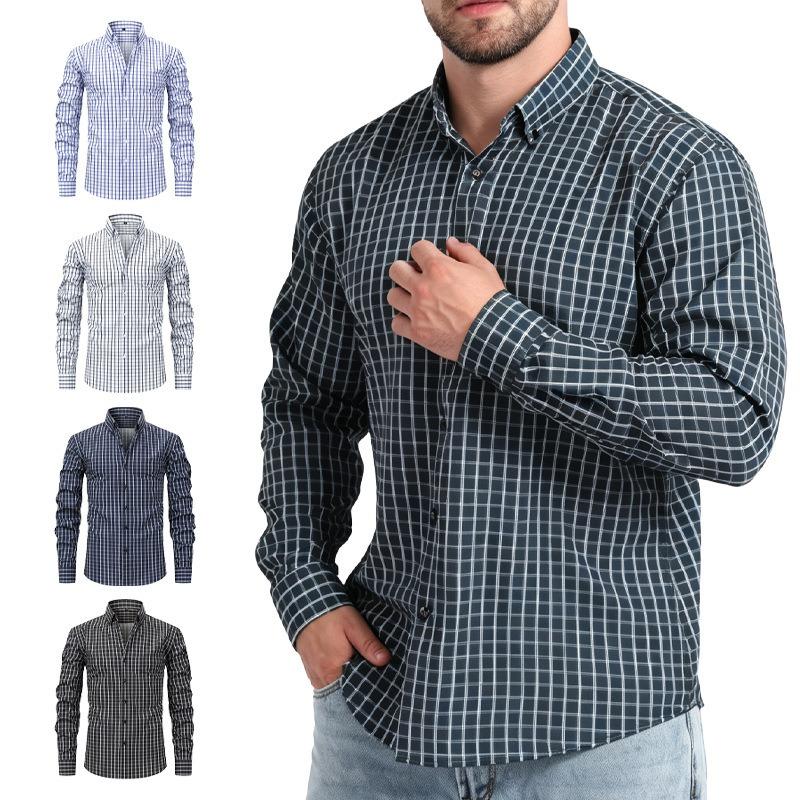 Men's High-Grade 4-Way Stretch Plaid Print Long Sleeve Shirt, Turn-down Collar Men Shirt Wholesale
