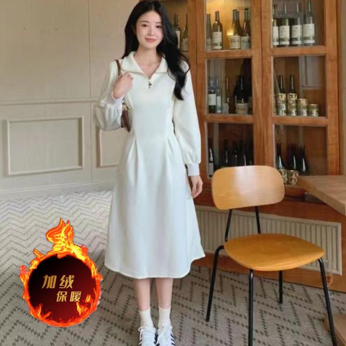 

Heart neckline zipper fleece dress winter new women s gentle wind inside with coat inside with medium and long skirt 2XL абрикосовий