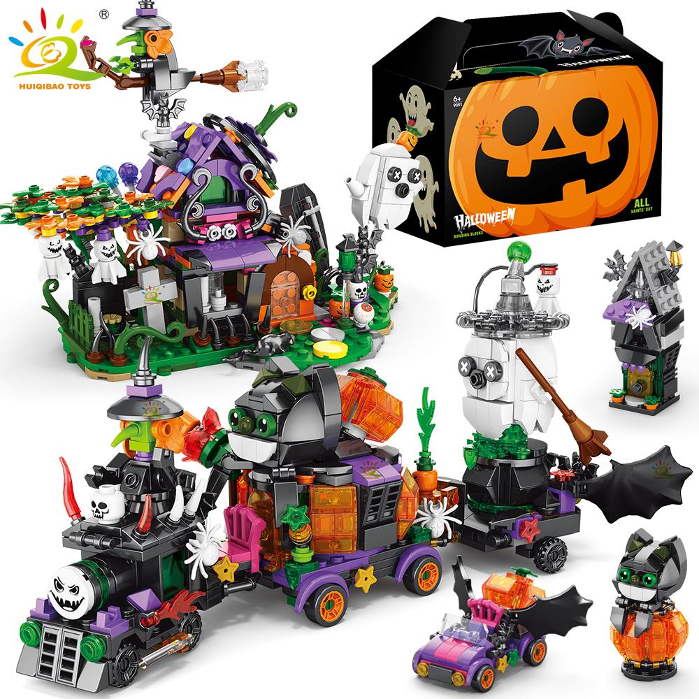 Ungiftige Halloween Modellbausteine Stadt Kürbis Geist Haus Zug Waggon Moc Steine Set Spielzeug Für Kinder Heimdekoration Geschenk