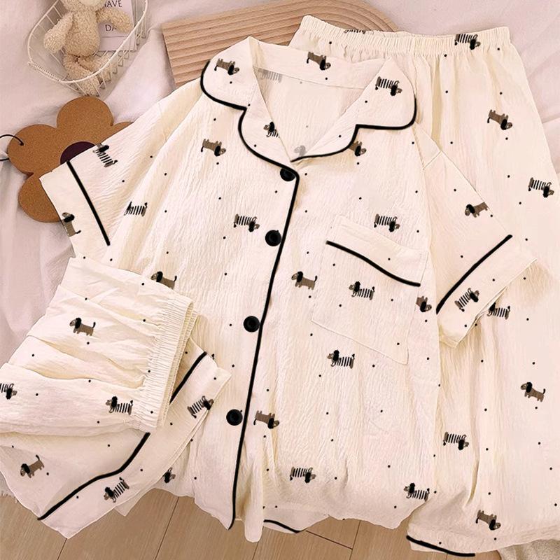 Homewear Cloud Cotton Frühling und Sommer Pyjama Damen Kurzarm Hose Cartoon Welpe Mädchen Dreiteiler