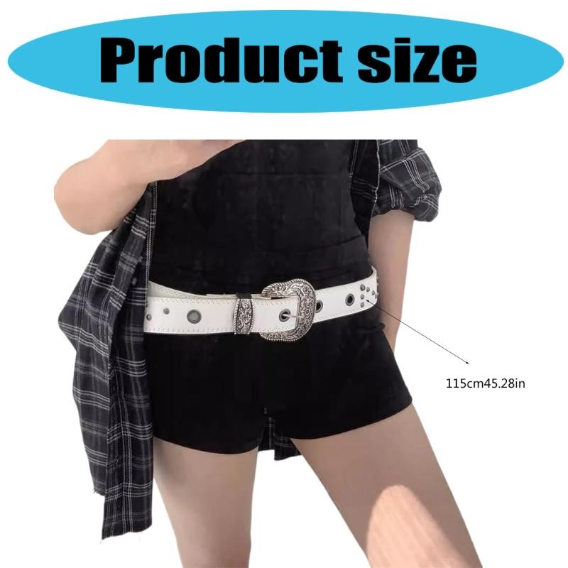 Antique Rivets Studded Waist Belt With Engraved Pattern Buckles PU Leather Pin Buckles Waistband For Women Jeans Pants