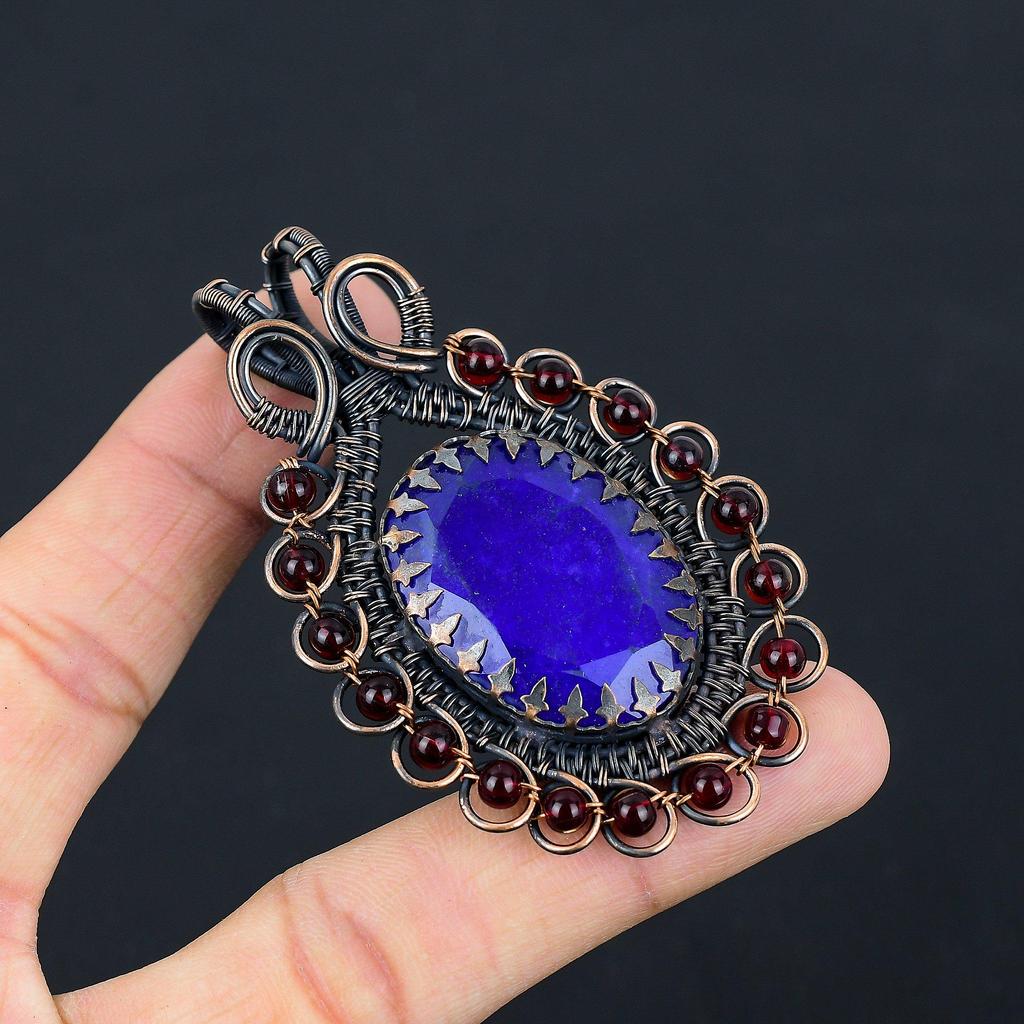 lab-Created Blue Sapphire Gemstone Pure Copper Wire Wrapped Handmade Pendant Jewelry