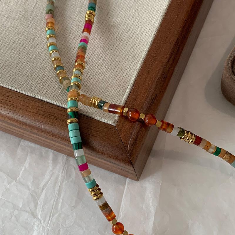 Onyx Necklace, Colored Rough Stone Beaded Design Sense Accessories, Women'S New Chinese Style Retro Ethnic Style Collarbone Neck Chain
