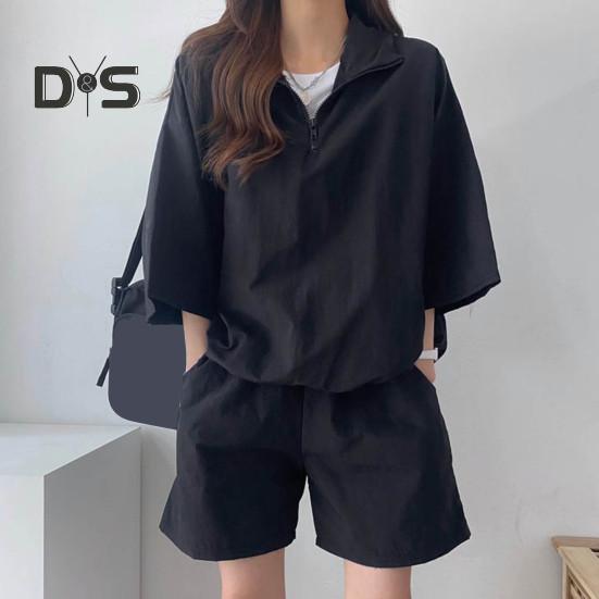 2 Pcs/Set Sweatshirt Shorts Set  Loose Solid Color Lapel Half Sleeves Pockets Elastic Waist Zipper Collar Breathable Smooth Quick Dry Soft Summer