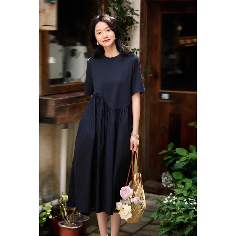 Light Choice, Casual Temperament Structure, Pleated Splicing Design, Short-sleeved Dress/medium and Long Skirt