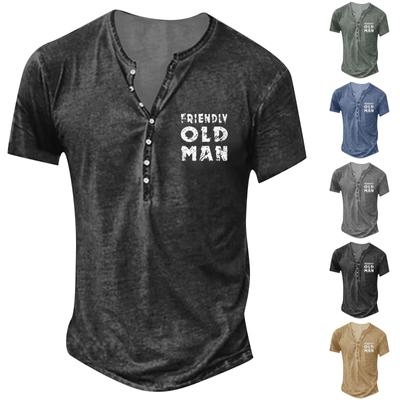 Men'S Printed T-Shirt Outdoor Retro Button Loose Short Sleeve Top