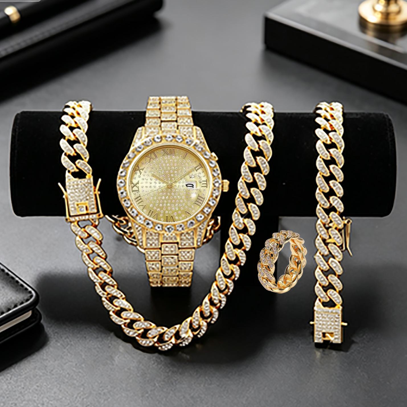 Full Diamond Hip Hop Exaggerated Large Dial Watch Colorful Explosive Unisex Quartz Watch Set