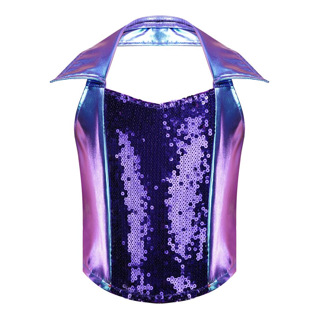 Haut court à col bénitier Jazz Disco pour fille avec paillettes et sequins brillants devant, sans manches, dos nu, fermeture éclair au dos, débardeur métallique brillant pour costume de scène