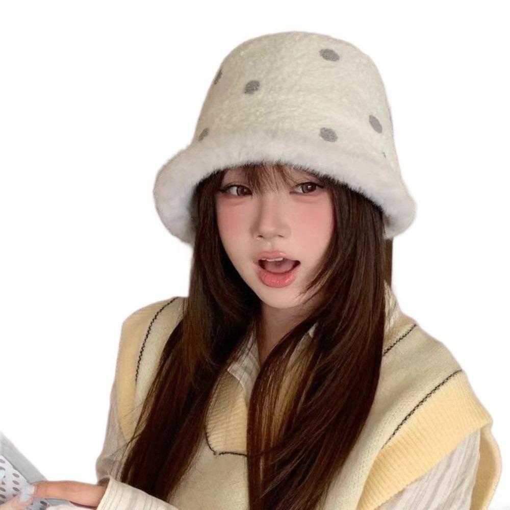 One Size Plush Winter Hat Thick Warm Polka Dot Bucket Hat Faux Lamb Wool Bucket Hat Outdoor Wear