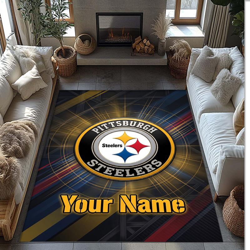 Pittsburgh Steelers Crystal Velvet Rug, Custom Name Text Personalized Non‑Slip Floor Mat for Home Decor Gift