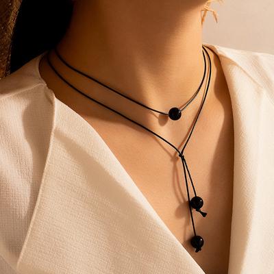 Black Bead Pendant Necklace For Women Rope Handmade Adjustable Party Jewelry