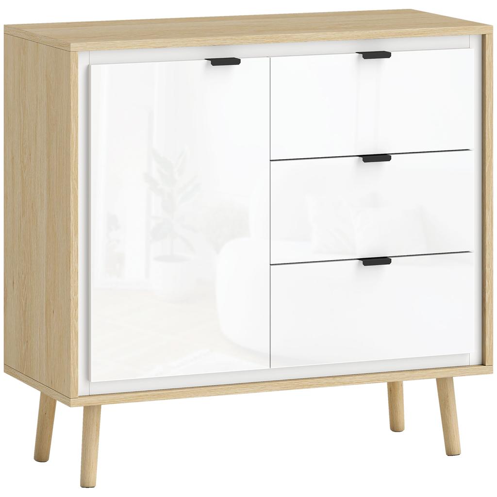 Sideboard, Door, 3 Drawers, Adjustable Shelf, 80 x 35 x 77 cm, White and Oak