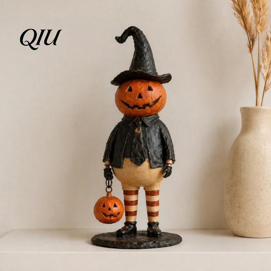 Saisonale Bauernhaus-Dekoration Kürbis-Hexe Figur, Gruselige Halloween-Statue mit Laterne, Harz Herbst Tisch Vintage Gotisch für Tischplatte Kaminsims Regal