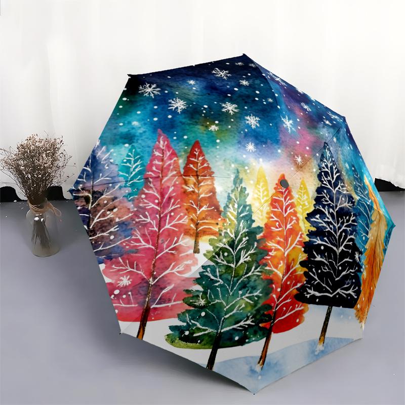 Christmas Tree pattern, automatic folding umbrella, portable and foldable design, 8 ribs, a Christmas or birthday gift.