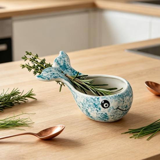 Herb Stripper Bowl Resin Herbal Peeling Bowl with 4 Size Holes Blue Whale Shape Pottery Herb Peeler for Removing Leaves from Thyme Rosemary