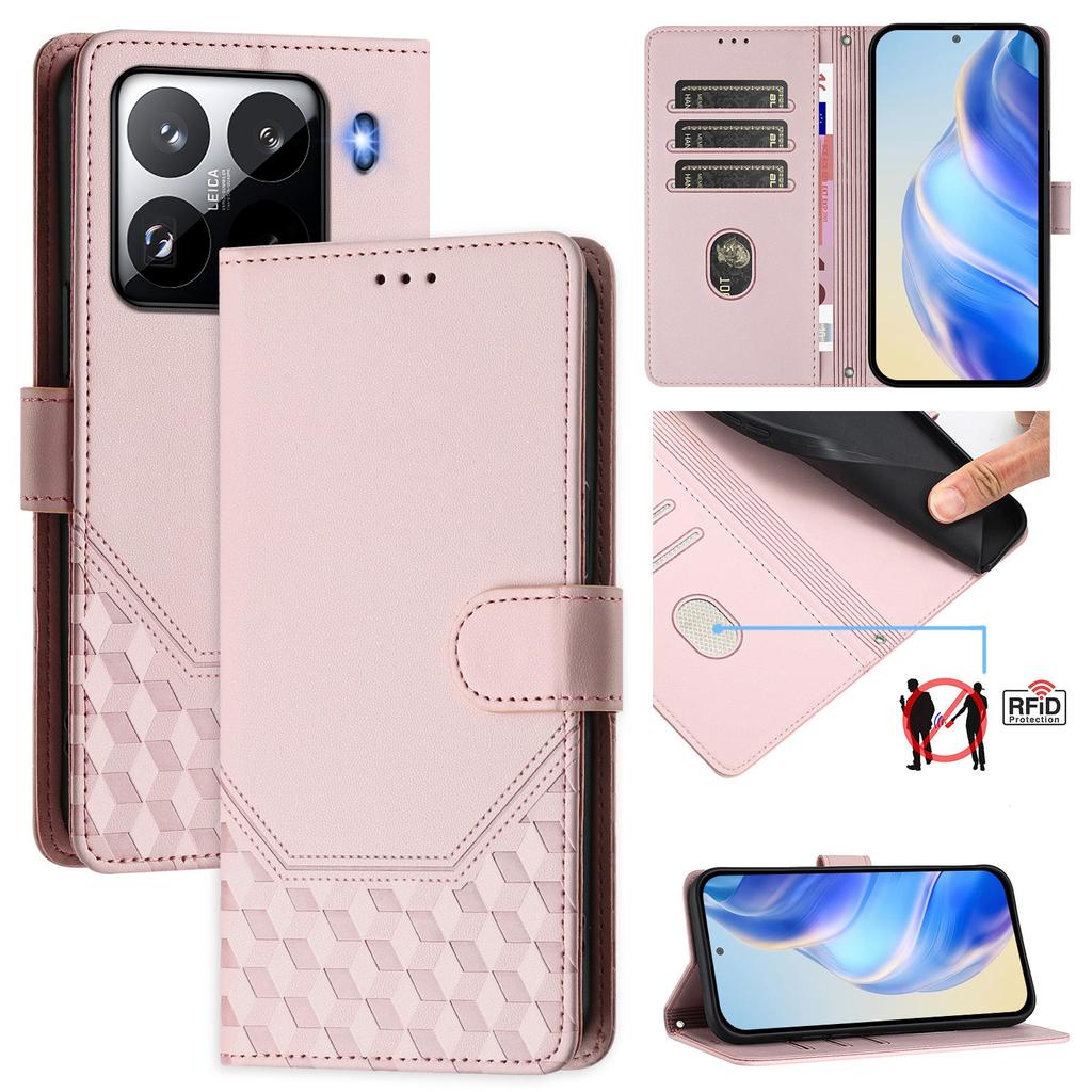 For Xiaomi 15 Pro Case Imprinted Honeycomb RFID Blocking Leather Phone Cover with Strap