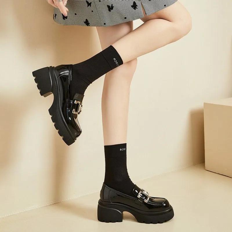 Block-Heeled Loafers, New Spring And Autumn New Heightened British Style Platform Shoes, Small Leather Shoes, Black Single Shoes