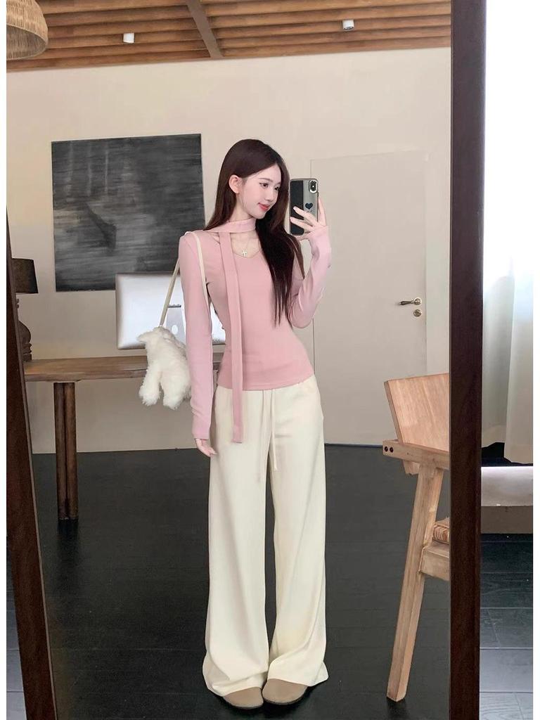 Korean Style V-Neck Turtleneck with Ribbons: Women's Slim Fit Long-Sleeve Top for Autumn and Winter