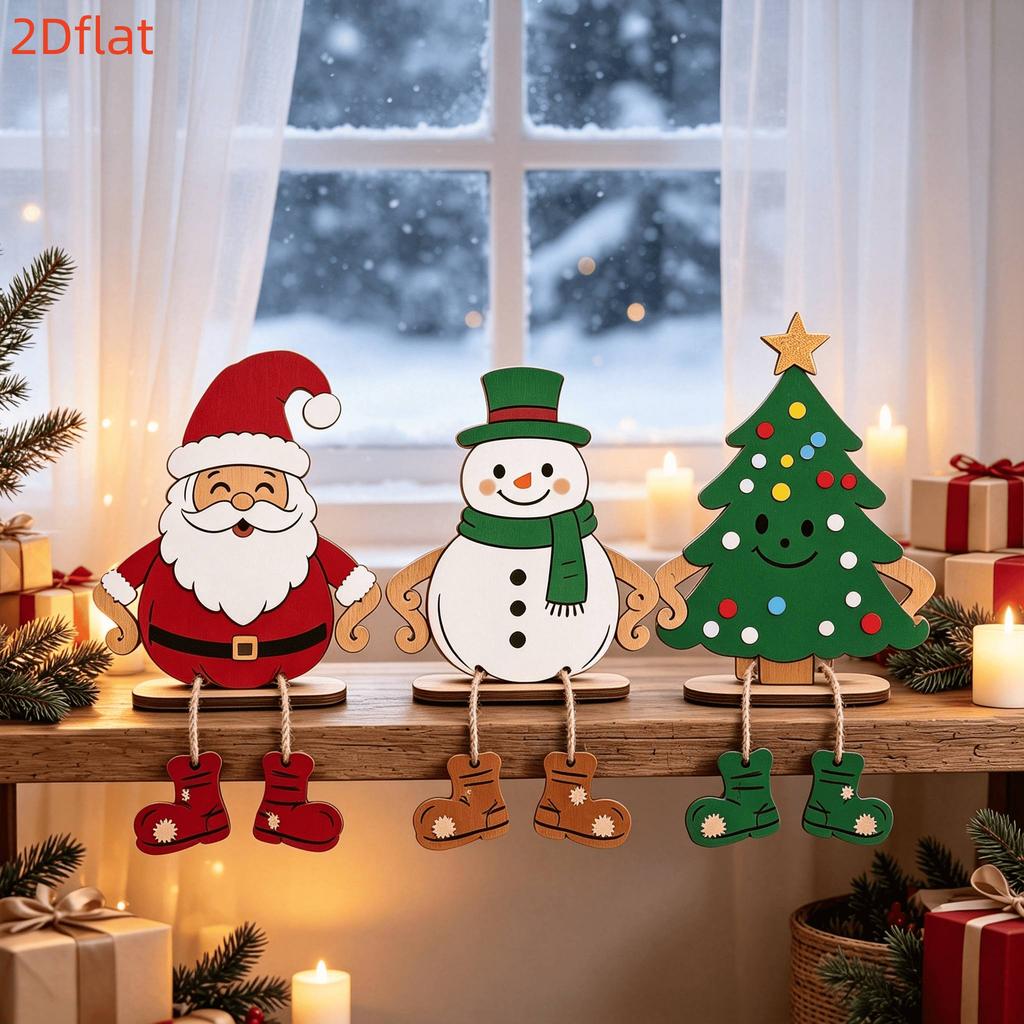 3pcs 2D Flat Christmas Wooden Tabletop Decorations Santa Claus Snowman Christmas Tree Holiday Home Decor Decorative Plaques Ornaments