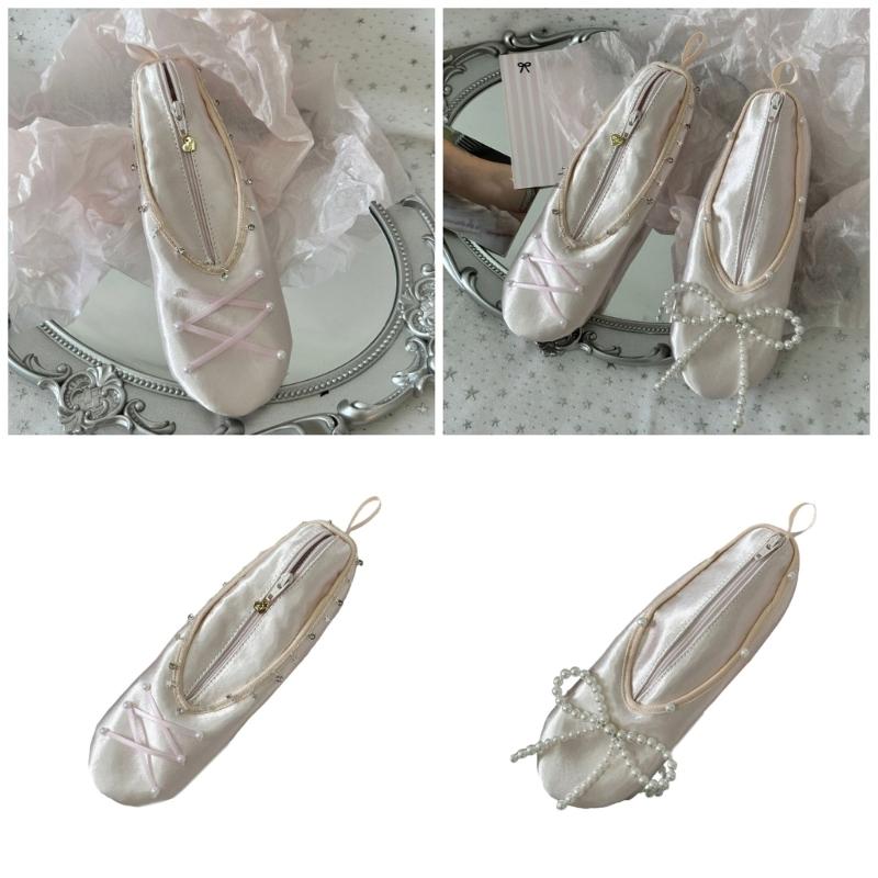 Star Embellished Ballet Shoe Cosmetic Bag Premium Satins Travel Toiletry Pouch With Detachable Ribbon Closure