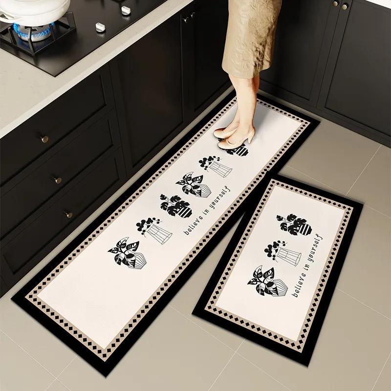 Carpet for Kitchen Non-slip Oil-resistant Erasable Leather Floor Mat Black Flower Water PVC Rugs Home Decoration Long Size Mats