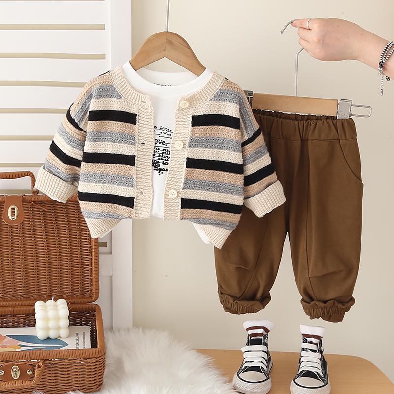Boys' Long Sleeved 3-piece Set, Autumn and Winter Striped Knitted Jacket, 0-5-Year-old Children's Casual Set