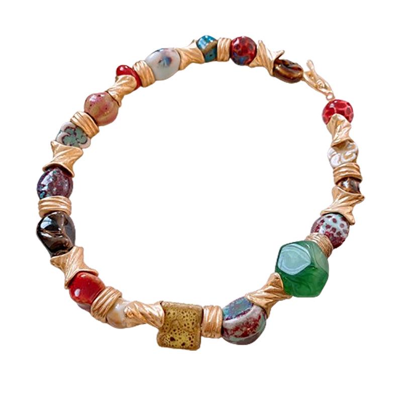 Vintage Geometric Floral Ceramic Necklace - Retro Style Clavicle Chain Jewelry