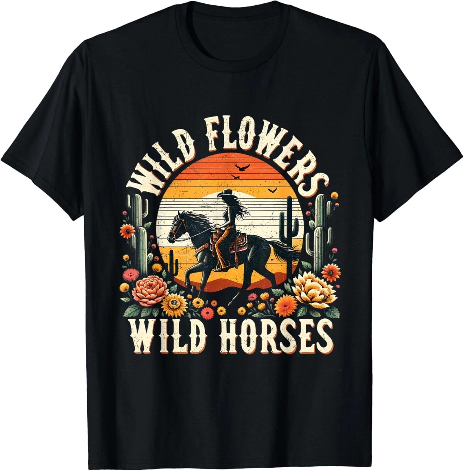 Sunset Cowgirl Riding Horse Wild Flowers - Wild Horses Gift Unisex T-Shirt 4XL