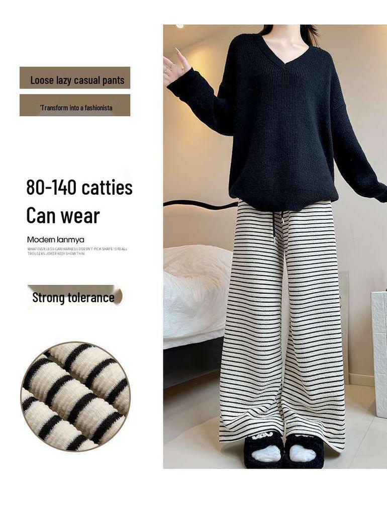 Women's Black & White Striped High-Waisted Fleece-Lined Wide-Leg Pants, Autumn/Winter, Slimming, Floor-Length.