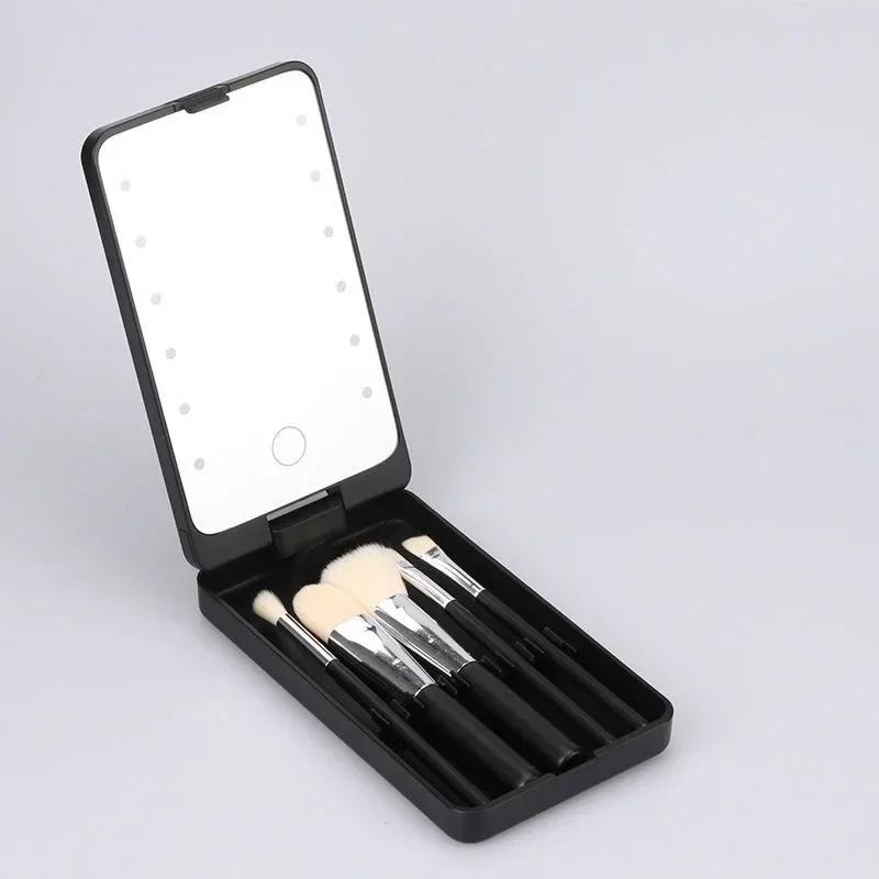 Portable Makeup Mirror With 5 Brushes Storage Box Rotatable LED Touch One-Face Storage Box Foldable Compact Makeup Mirror