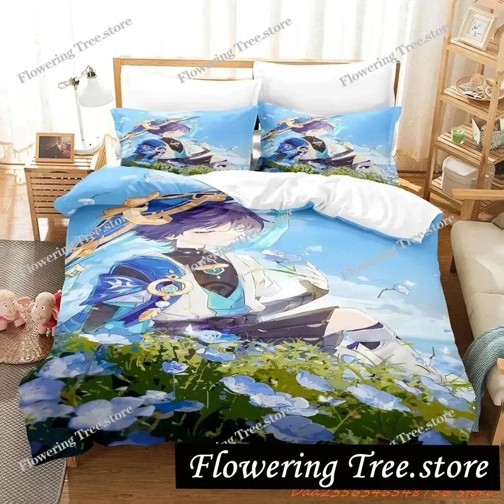Game Genshin Impact Scaramouche Bedding Set Cartoon Anime Set Adult Kid Bedroom Duvetcover Sets 3D Kawaii