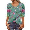 Women's Fashion Casual 3/4 Sleeve Buttons Print U-Neck Pullover Top Blouse