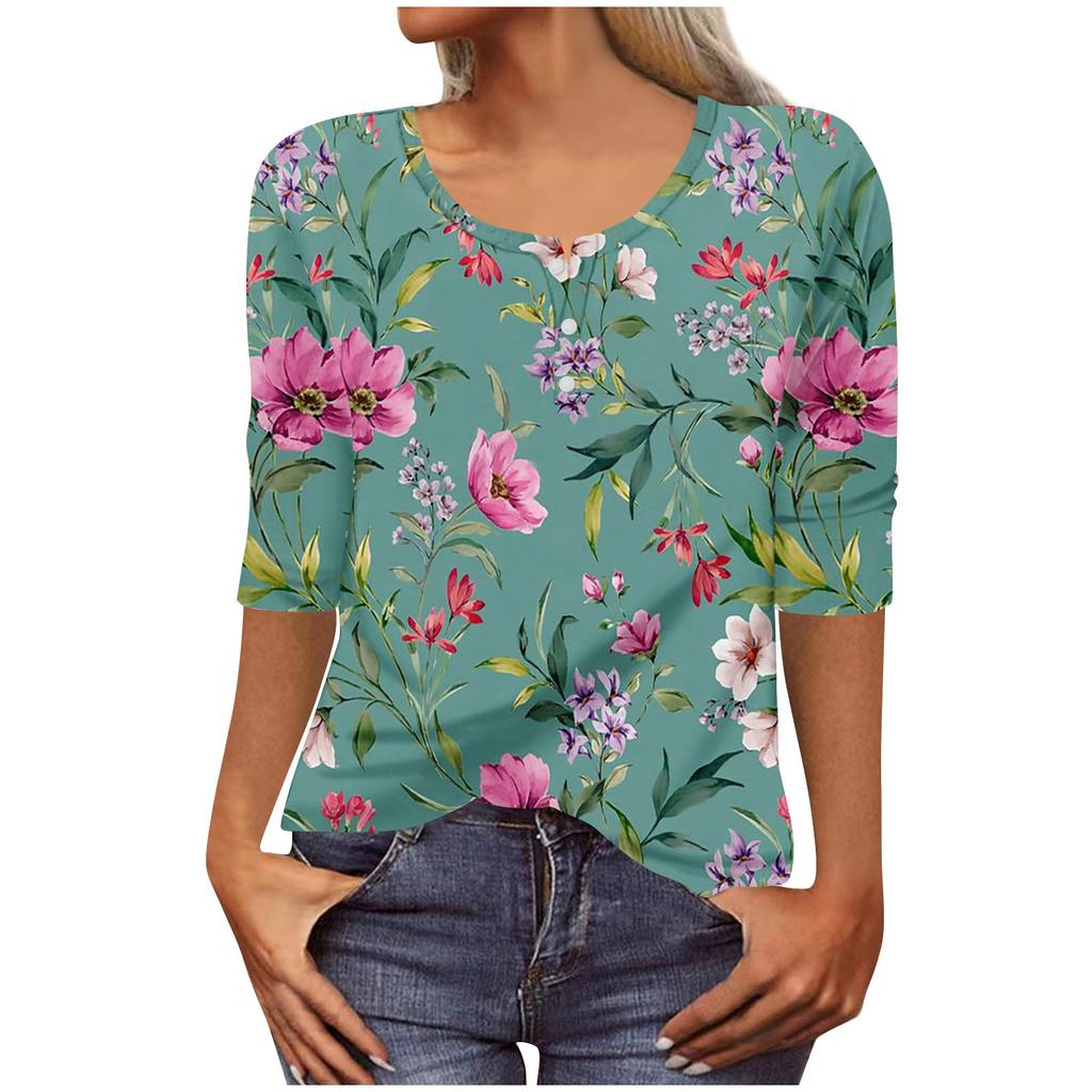 Women's Fashion Casual 3/4 Sleeve Buttons Print U-Neck Pullover Top Blouse
