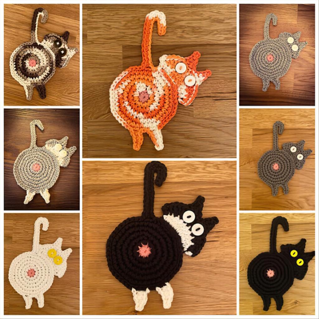Cat Butt Coasters, Funny Knitted Coaster Set with Paws, Humorous Cat Themed Mug Mats for Coffee Table, Unique Gift for Cat Lovers