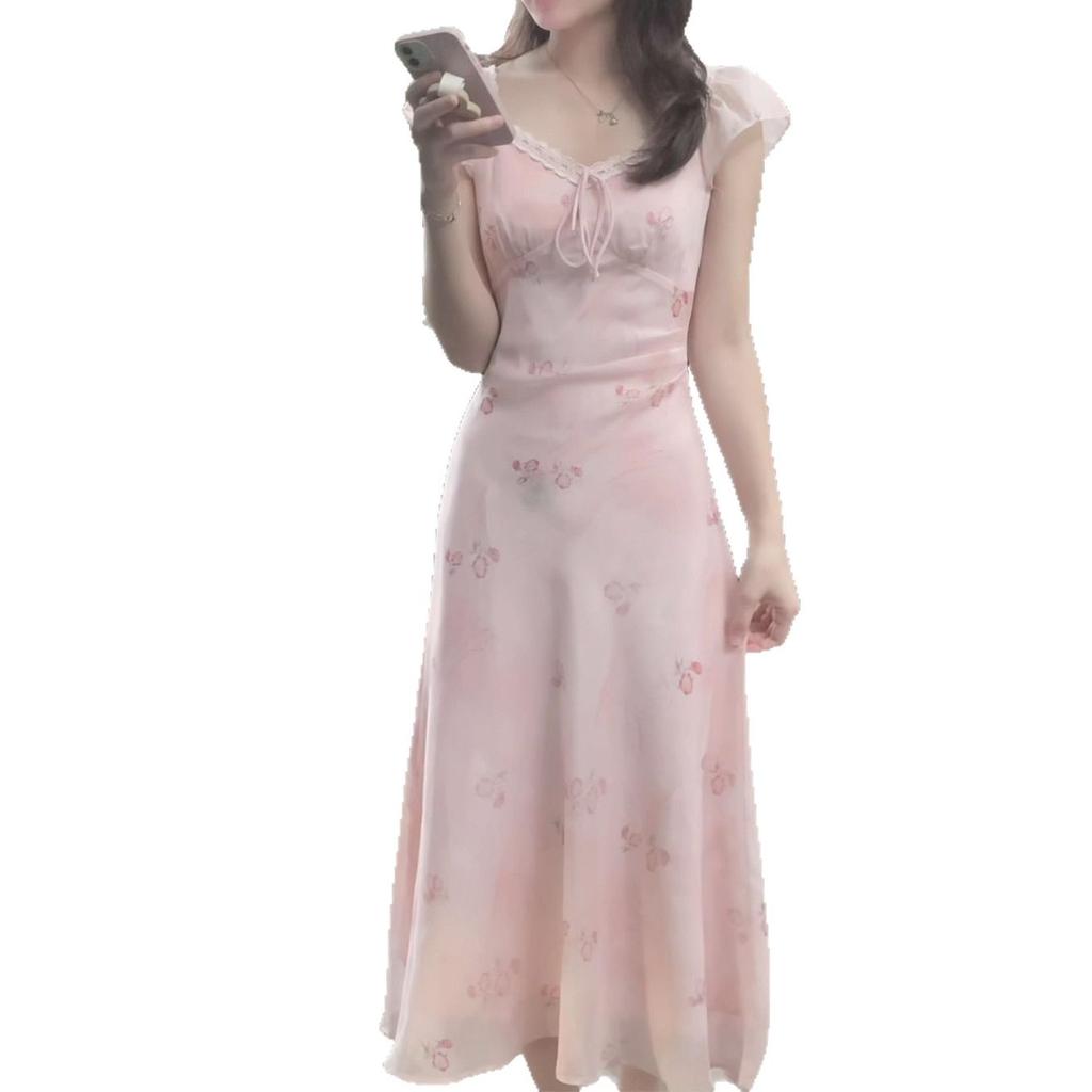 French temperament high-end floral small flying sleeve dress, summer new age-reducing waist and thin fairy long skirt