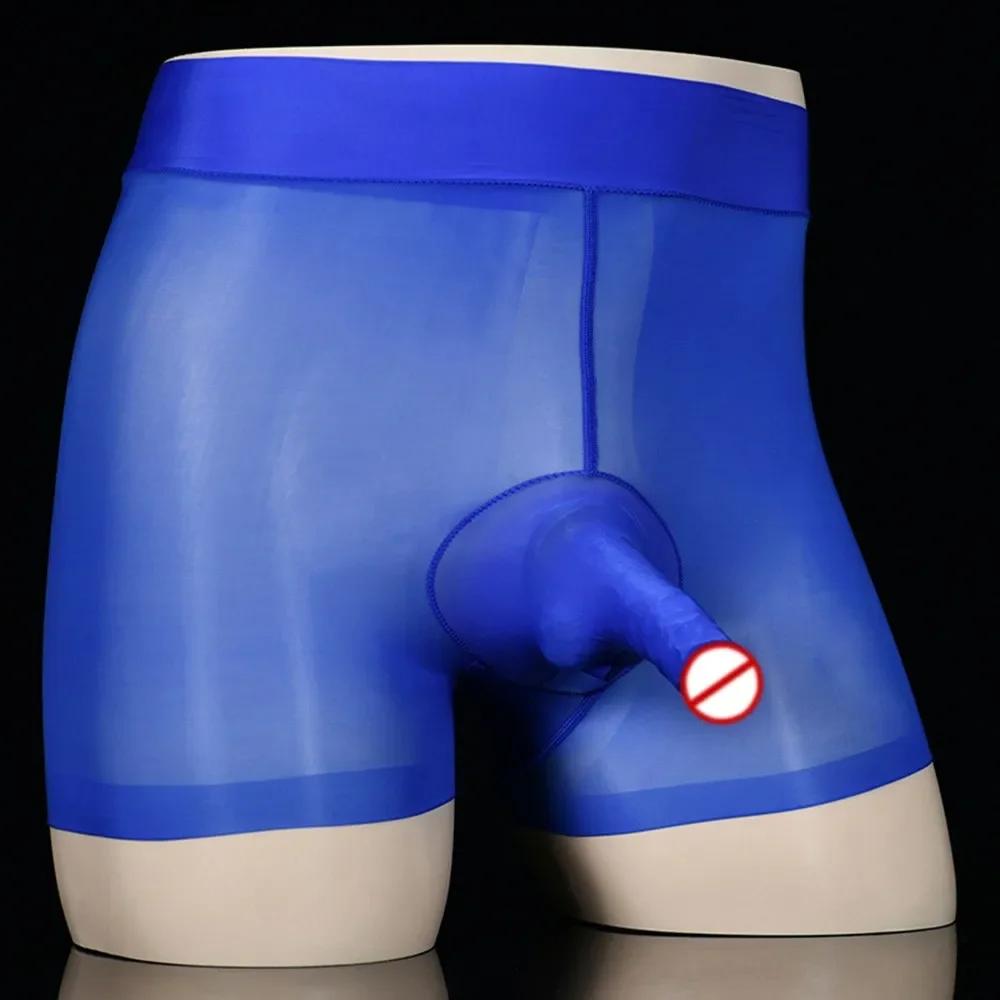 Oil Shiny Glossy Sheath JJ Open/ Close Boxer Brief Men See Through Underwear Long Penis Pouch Short Gay Elephant Bulge Panties
