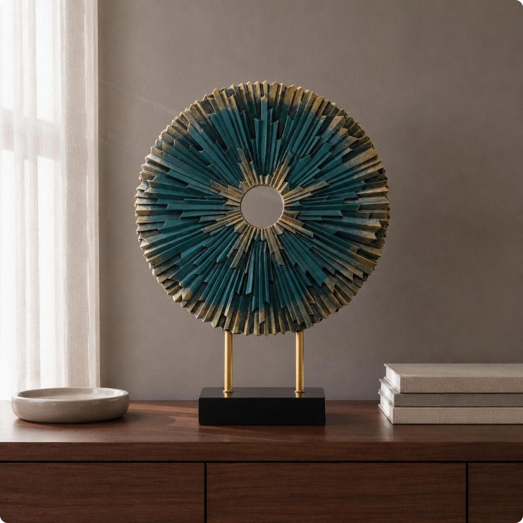Abstract Desk Sculpture with Base Geometric Table Decor Metal Wall Disc Ornament Metallic-Finish House Decoration Modern Design