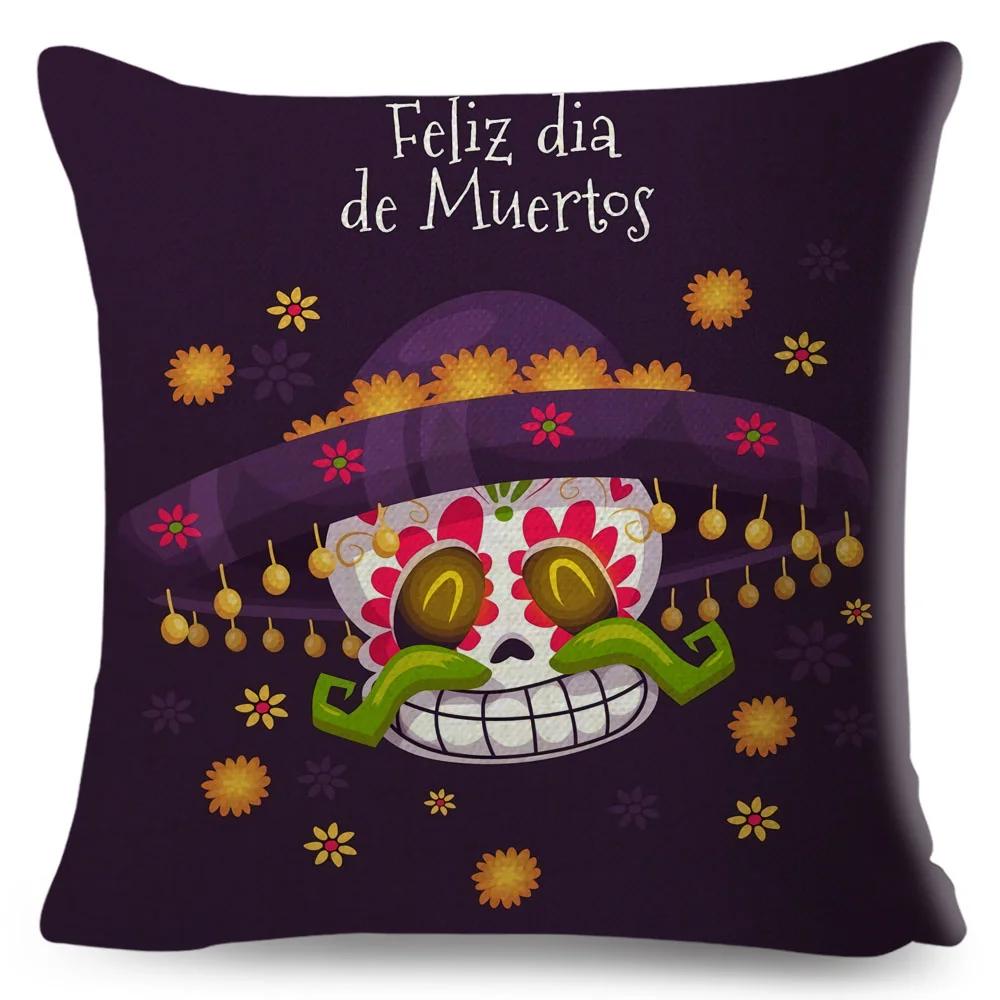 Day Of The Dead Pillowcase Decor Cartoon Mexico Flower Skull Print Cushion Cover for Sofa Home Polyester Pillow Case 45x45cm
