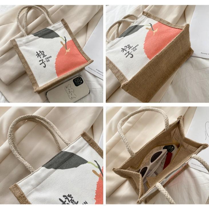 Linen Canvas Splicing Portable Shopping Bag Literary Retro Tote Bag Student Office Worker Hand Bag