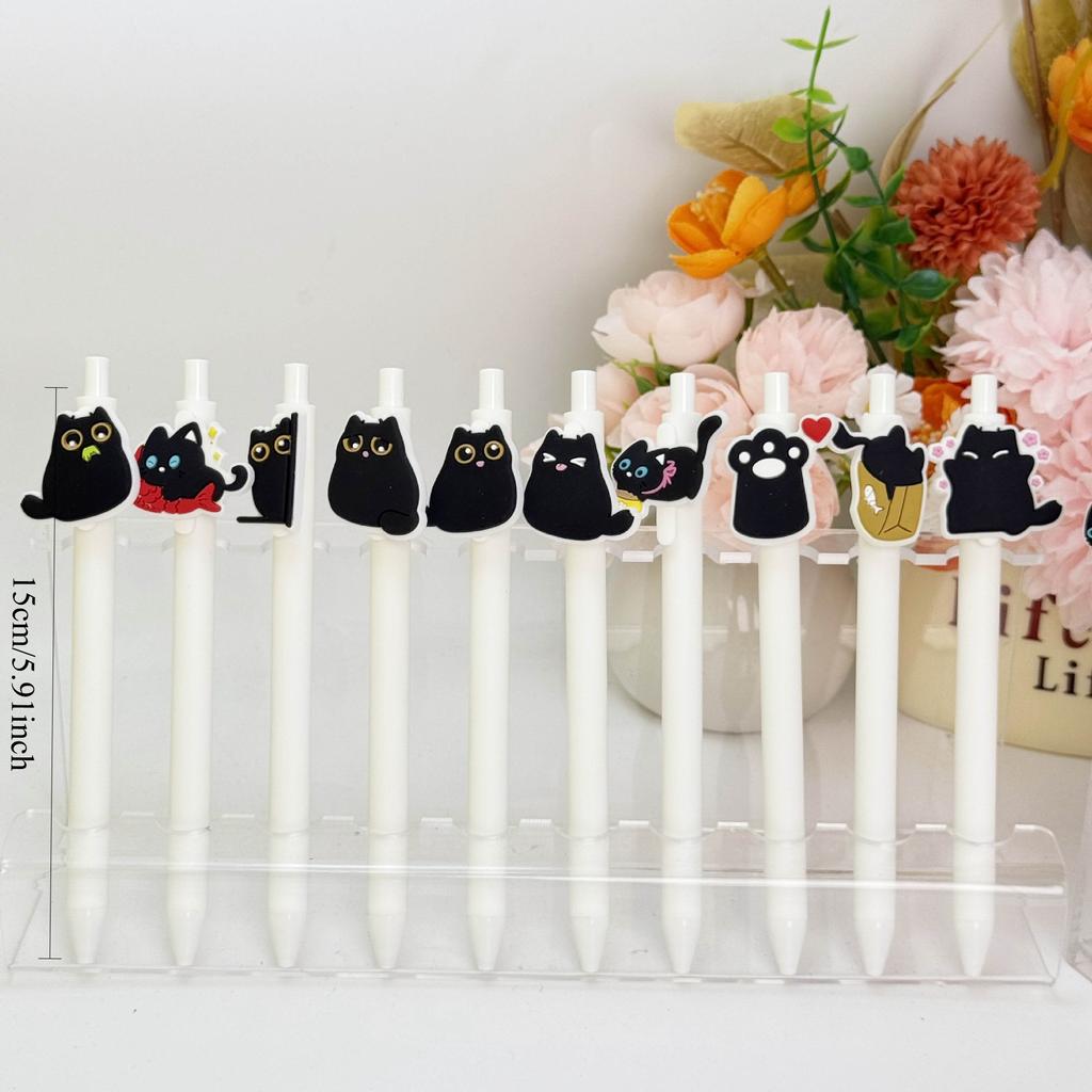 00Pcs Cute Black Little Cat Patch Retractable Gel Pens, 0.5mm Black Large Capacity Pen Cores Fine Writing Tools Office Stationery Study Essentials Sup