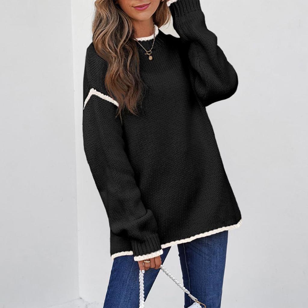 Women's Fashion Color Blocked Round Neck Long Sleeved Knitted Sweater Pullover Sweater Top