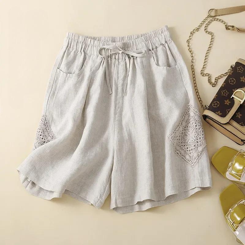 Women's Green Linen Shorts Elastic Waist Drawstring Lace Patchwork Casual Loose Fit Summer Shorts